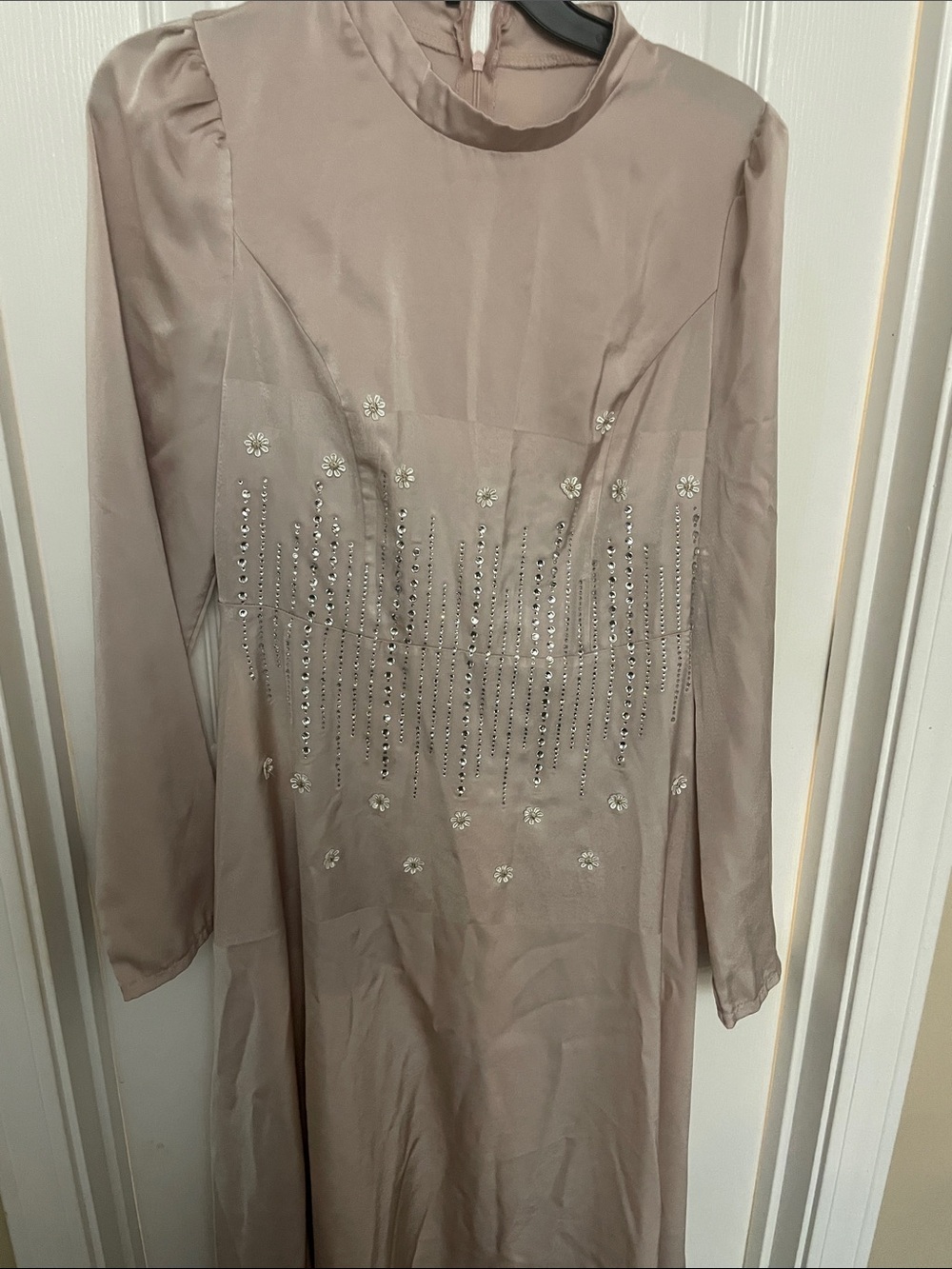 Embellished Long Sleeve Midi Dress in Taupe